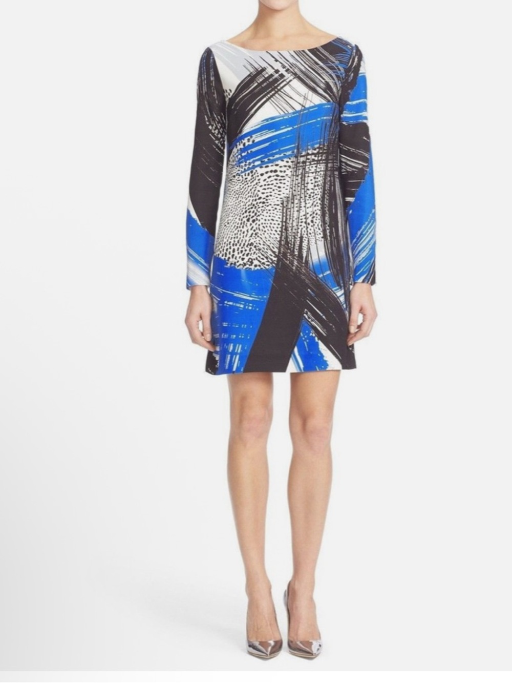 Milly Blue, Black & White Abstract Brushstroke Long-Sleeve Shift Dress